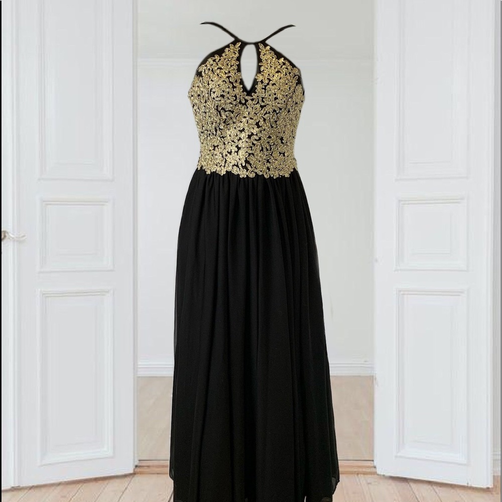 My Michelle Gold Lace Applique Halter Formal Prom Dress Women's Size 1